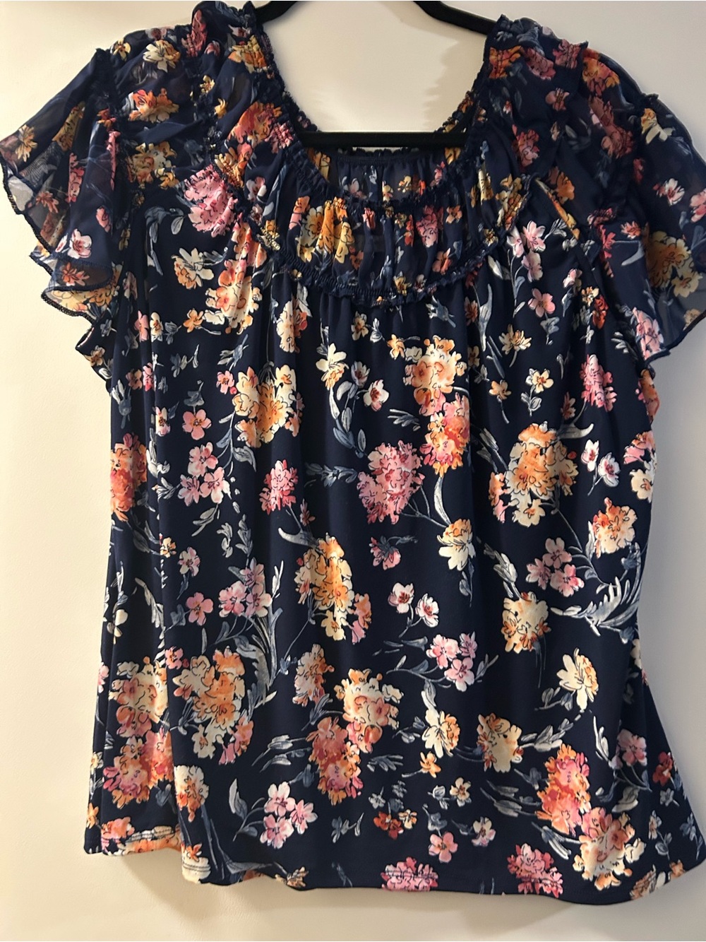 Navy Floral Ruffle Sleeve Women's Top